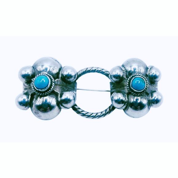 Silver and Turquoise Vintage Pin 2” x .75” with 2 Flower Design & Circle Center